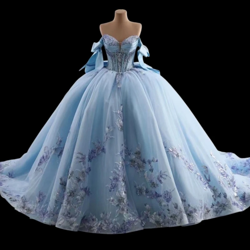

Небесно-голубое платье Quinceanera с открытыми плечами, аппликация, кружево, бисер, кристалл, корсет, тюль, бант, вечерние, день рождения, милое платье 16, Vestid