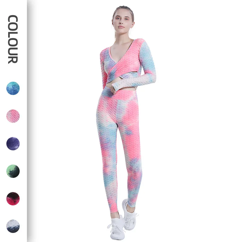 

Fashion Tie Dye Yoga Suit Women's Sportswear Short V-neck Cross Top Elastic High Waist Pants Sets Fitness Clothing