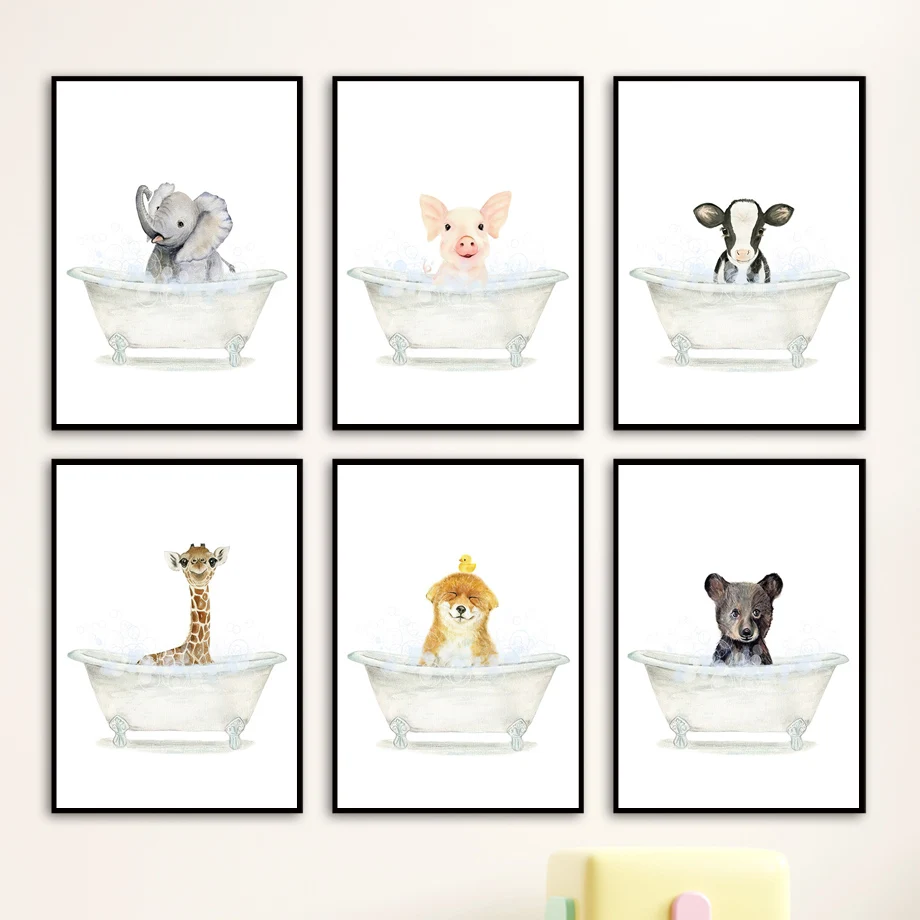 

Animals Elephant Giraffe Dog Pig Bear Cow Duck Wall Art Canvas Painting Nordic Posters Prints Wall Pictures For Bathroom Decor