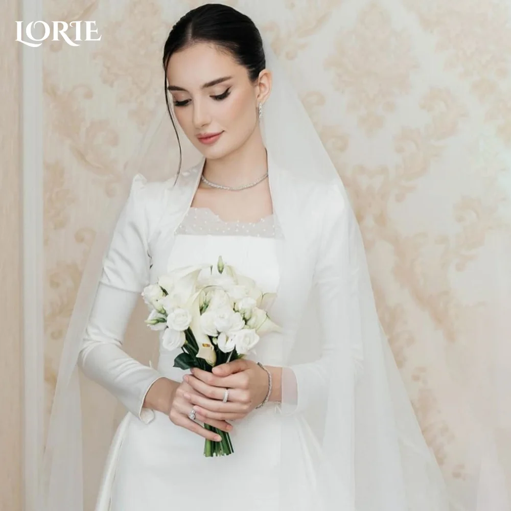 

LORIE Sexy Satin Muslim Wedding Dresses Long Sleeve Lace A-Line Corset Bride DressCustomized Ivory Bridal Gown vestidos de novia