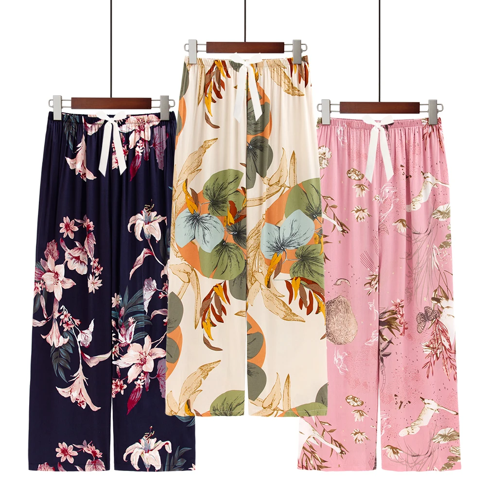 3 Sets Women Summer Spring Sleep Bottoms Wide Leg Pants Home Causal Female Pajamas Sleepwear Pj Pants