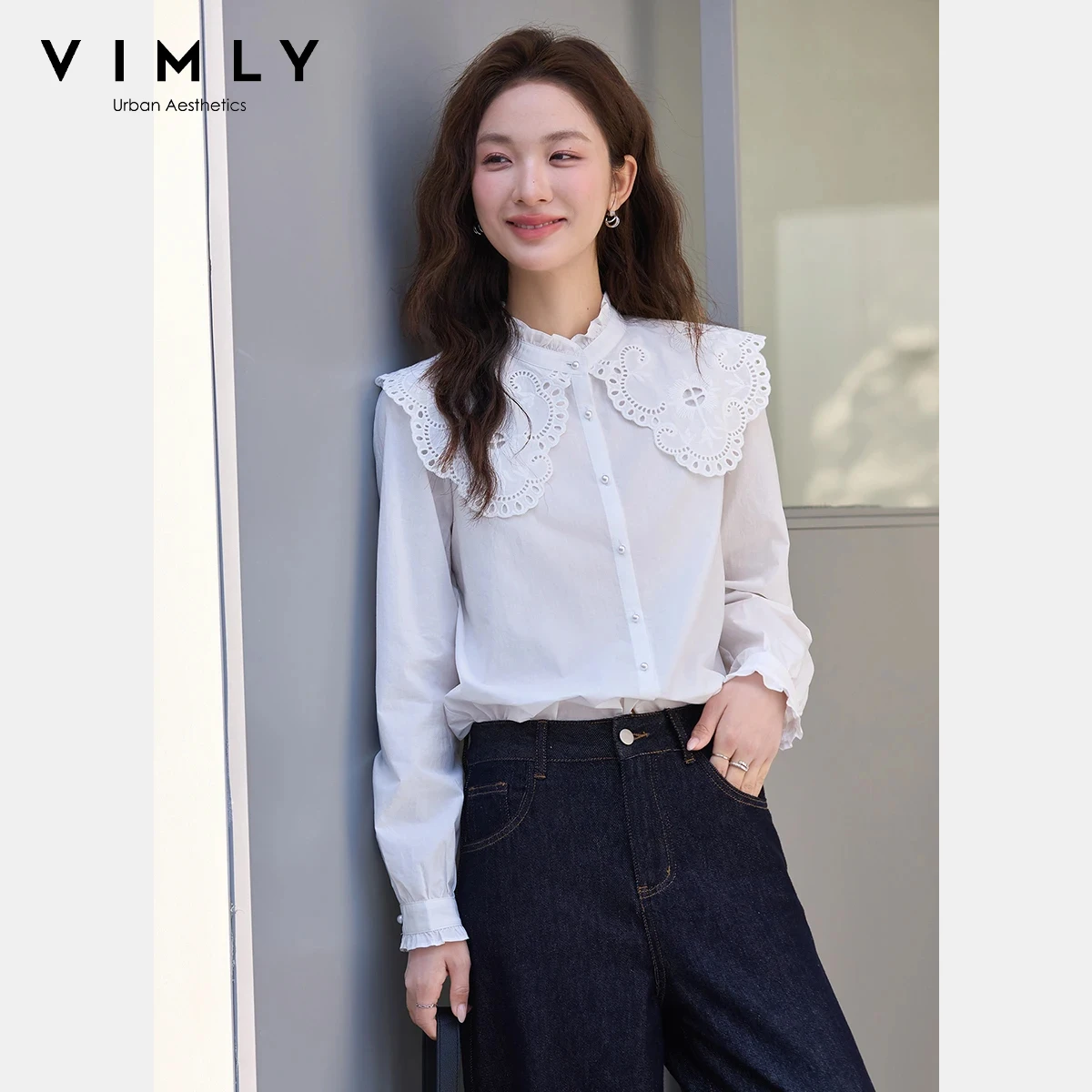 

Женская белая элегантная блузка VIMLY с французскими рюшами и воротником-стойкой, 100% хлопок, с кружевными вставками, новая весенняя модель, рубашка с длинным рукавом A5196