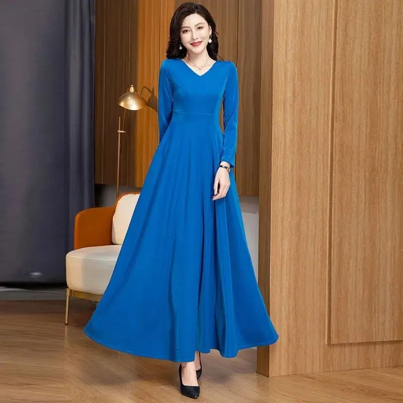 2024 Newest Fashion Autumn Velvet Maxi Dress Women Winter Long Party Dress Ladies A Line Velour Elegant Dress for Women V213