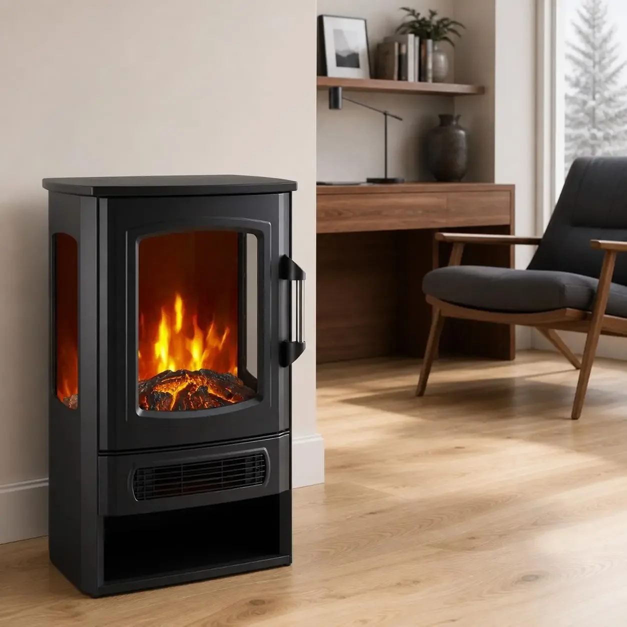 Tacleekii 3-Sided Electric Fireplace with 750W/1500W Dual Heat, Multicolor LED Flame, Remote Control Freestanding Heater for Living Room, Bedroom, Office, RV