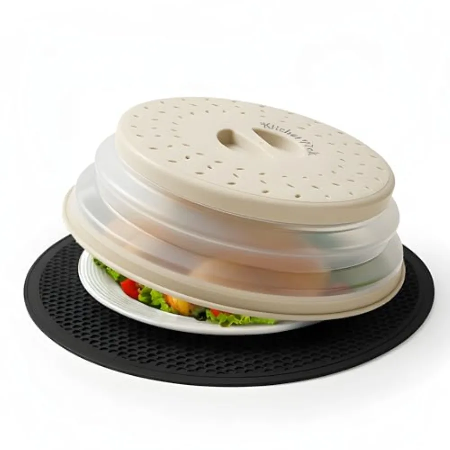 Large Microwave Splatter Cover with Silicone Mat for 10 Inches Vented Collapsible Guard Dish Plate Lid and Round Kitchen Mat fo