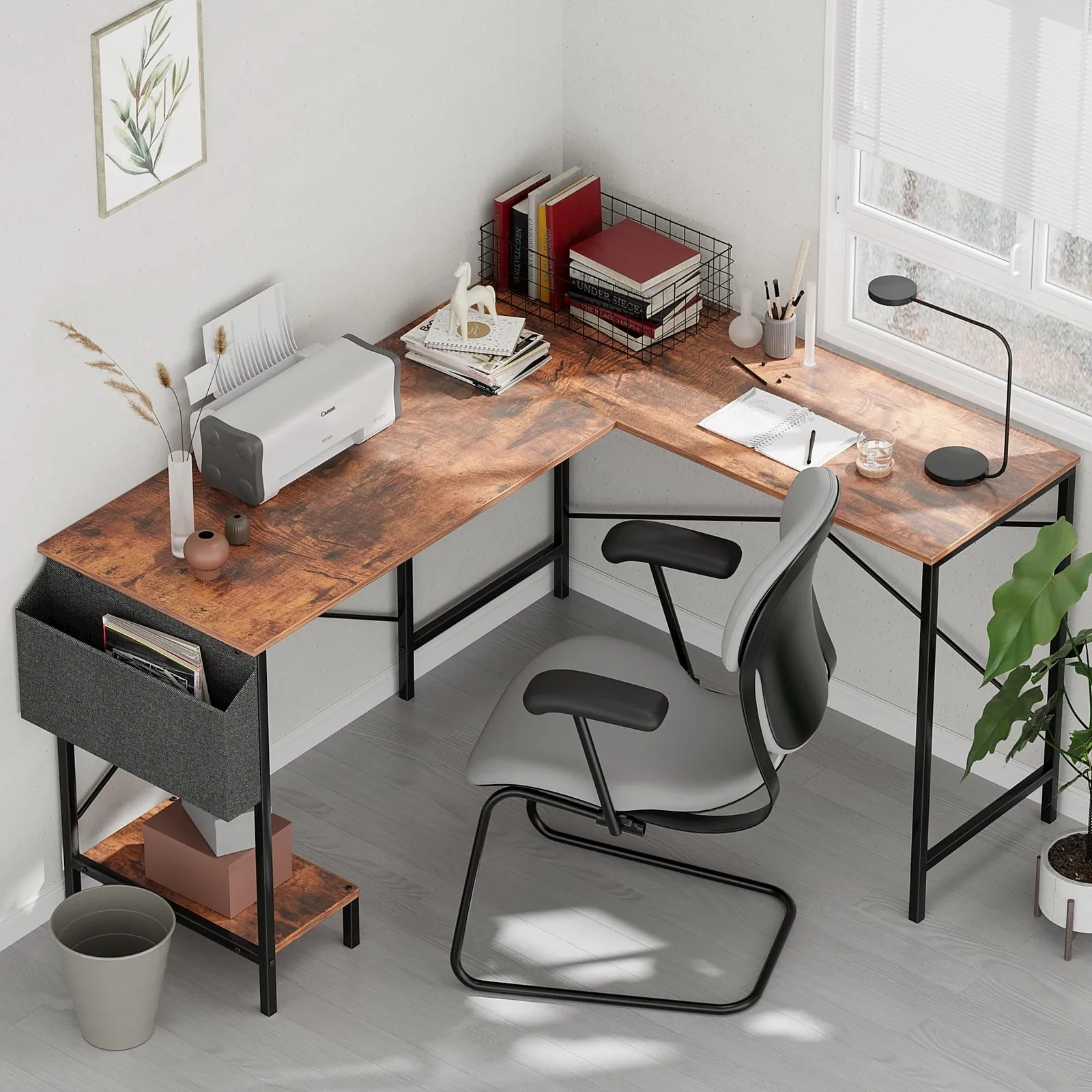 Mesa de jogos rústica em forma de L de 50 polegadas com design de canto lateral duplo para escritório e jogos