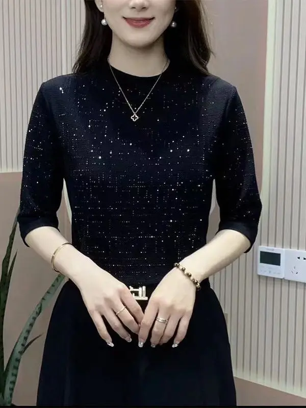 

Модная женская футболка без рукавов в стиле Mommy, летняя новинка, большие размеры, однотонная, со стразами, стильный универсальный топ