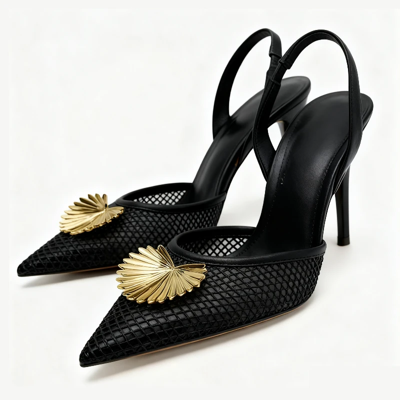 

Weave Mesh Metal Decoration High Heels Sandals for Women 2026 New Sexy Brand Pointed Toe Pumps Banquet Wedding Dress Shoes