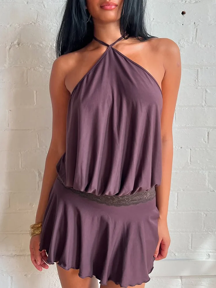 

Absobe Halter Sleeveless Patchwork Lace Mini Dress For Women Backless Slim A-Line Short Dress Y2K Sexy Vacation Beach Streetwear