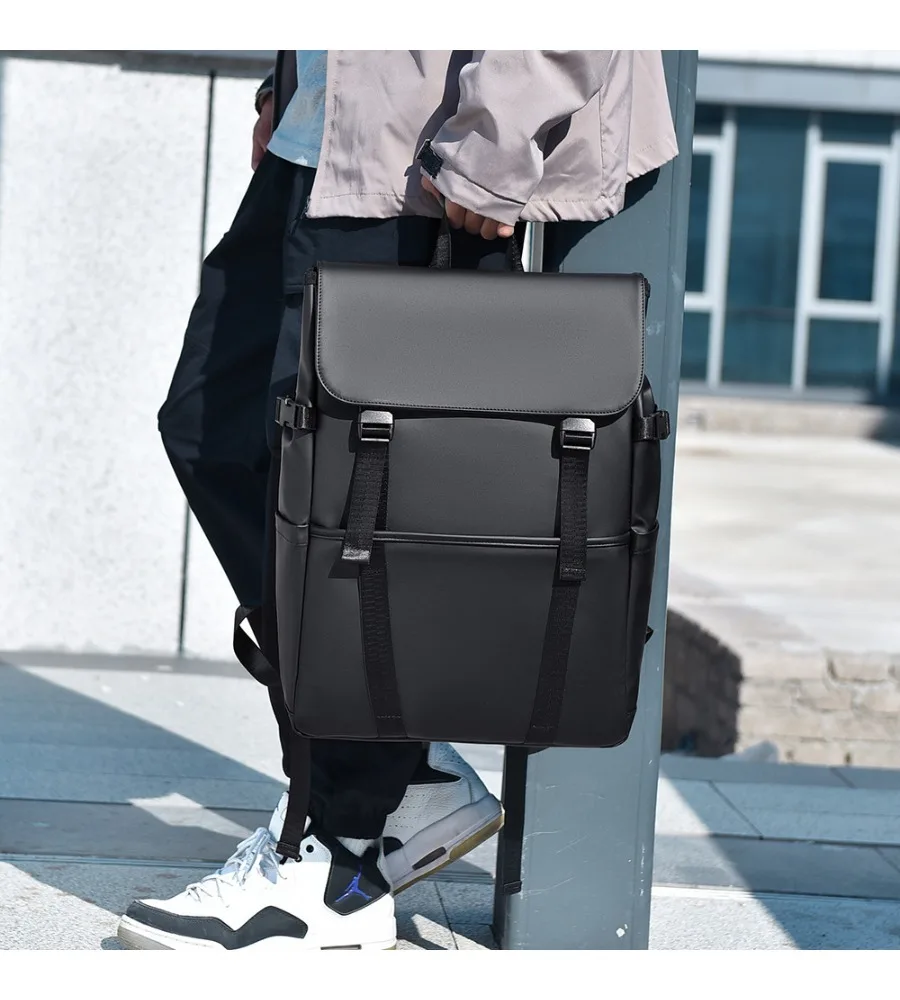 Trendy black and gray roll-top laptop backpack anti-splash wear-resistant casual schoolbag for young people