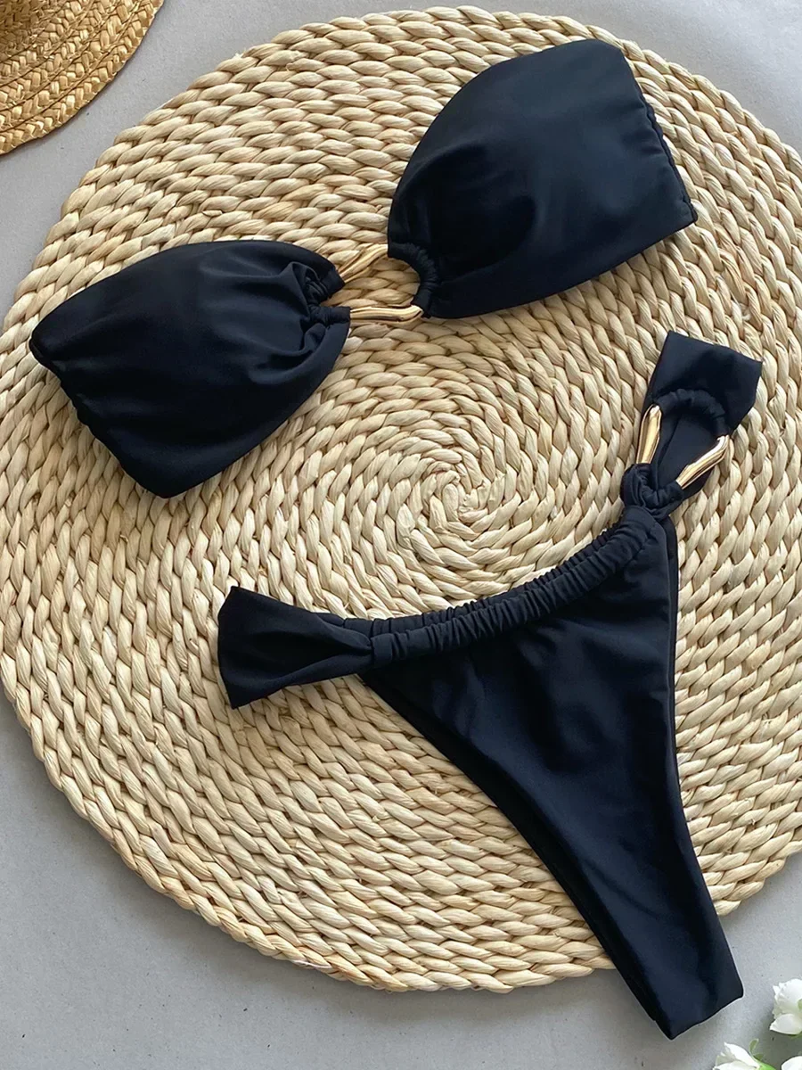 Sexy Bandeau High Cut Metal Rings Bikini Female Swimsuit Women Swimwear Two-pieces Bikini Set Bather Bathing Suit Swim Beachwear