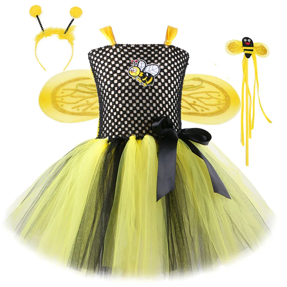 Kids Children Bee Wing Performance TUTU Skirt Dress Girl‘s Mesh Clothing Headwear Cosplay Costume Outfit Halloween Carnival Suit