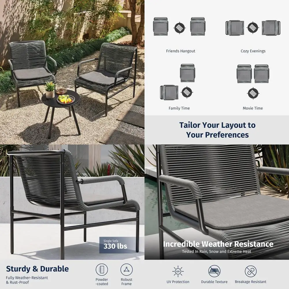 

3-Piece Patio urniture Set, Outdoor Bistro Set with PE Rattan Wicker Wide Chairs, Sot Pads & Coee Table, ern All-Weather Wicker