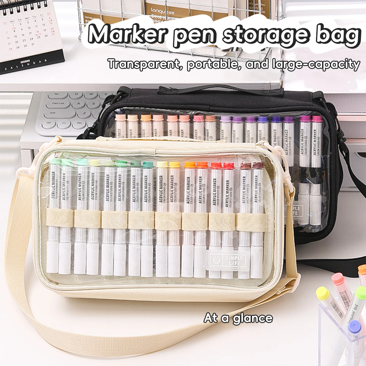 1pcs Marker Pens Specific Storage Bag Pencil Case, Transparent Simple Color Easy Carry-on Handbag, Large Capacity for 64 Pens
