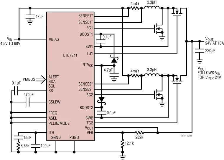 LTC7841 LTC7841EUHE LTC7841IUHE - คอนโทรลเลอร์บูสต์แบบซิงโครนัสสองเฟสพร้อมอินเทอร์เฟซ PMBus