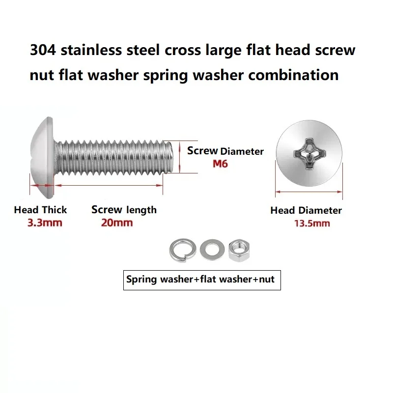 304 Stainless Steel Cross Large Flat Head Screw Inverted Diagonal Flat Head Cross Screw Set For M6 Battery Busbar