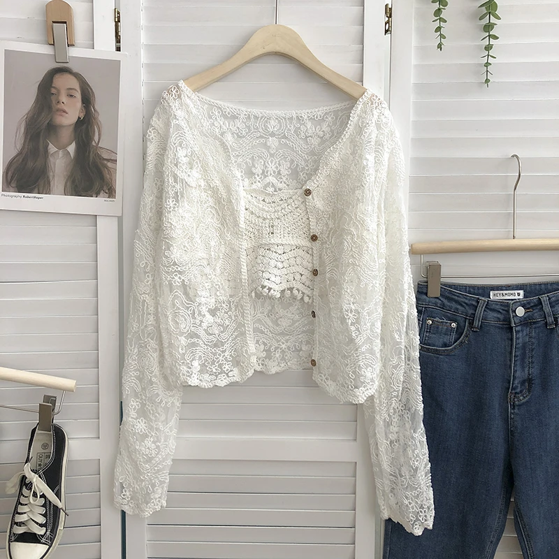 OUMEA Summer long sleeve V neck knit cardigan lace coat female hollow short horn  sunscreen sexy sleeveless halter two sets