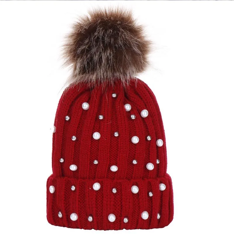 Autumn winter lovable baby warm knitted hat Fashion Pearl earmuffs Hat Girls Female Skullies Beanie Cap Pompom Hats