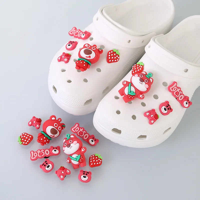 10Pcs Girls Women Cute Anime Strawberry Bear Shoe Charms DIY Hole Shoes Detachable Buckle Garden Shoes Accessories Festival Gift