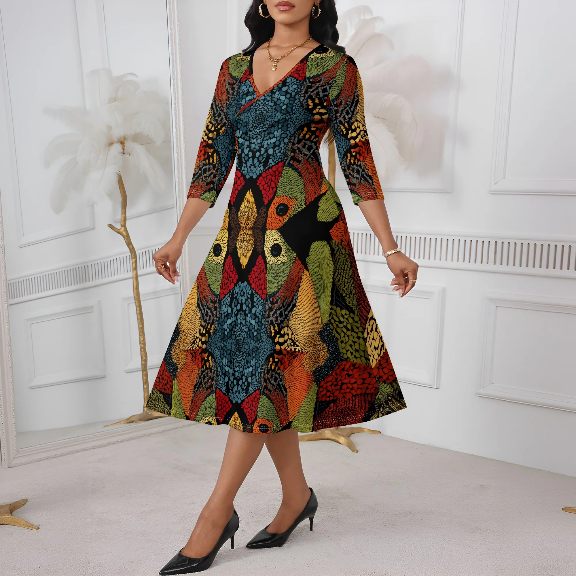 

Bold Peacock Feather Print Dress XS-3XL V-Neck A-Line Midi for Juneteenth, Afro Festival or Urban Art Brunch