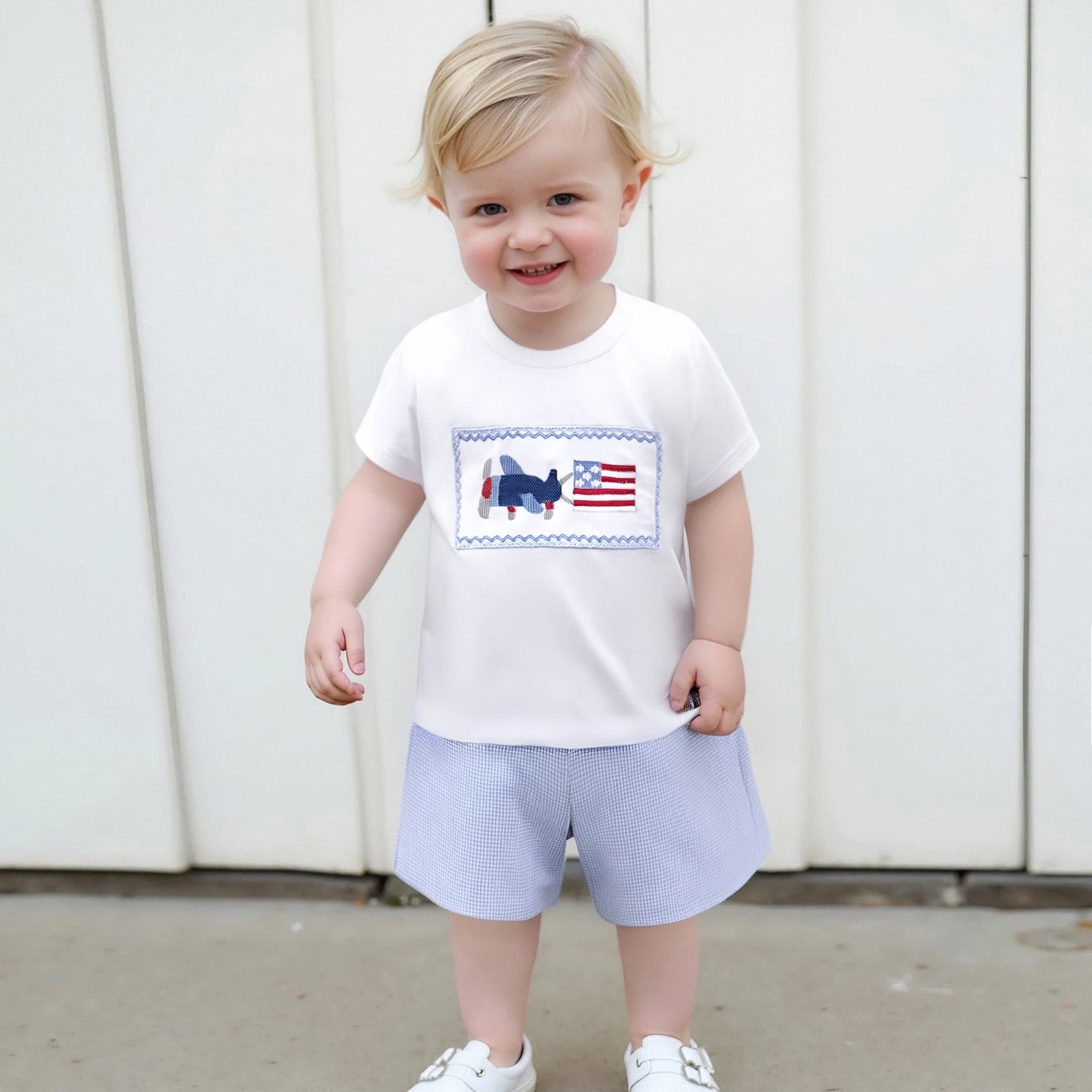 

Baby Boy 4th of July Outfits Short Sleeve Flag Embroidery T Shirt Tops Plaid Shorts Set Toddler Boys Independence Day Clothes