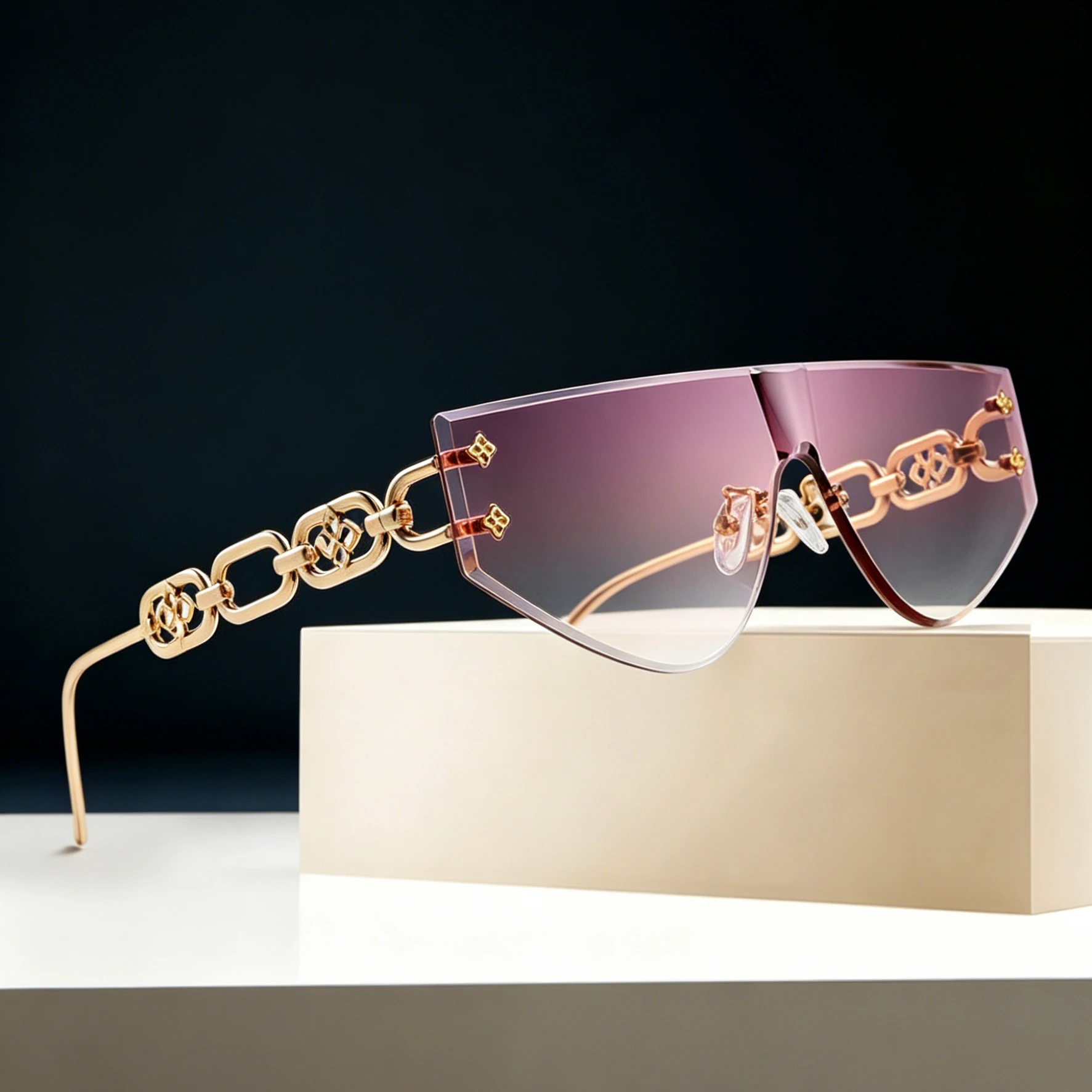Heiße Designer-Mode Katzenaugen-Sonnenbrille für Damen Premium Retro-Sonnenbrille Randloser Rahmen Metallbrille