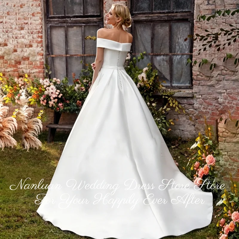 Elegant Off Shoulder Satin Ball Gown Wedding Dress Chapel Train Vestidos De Novia Customized