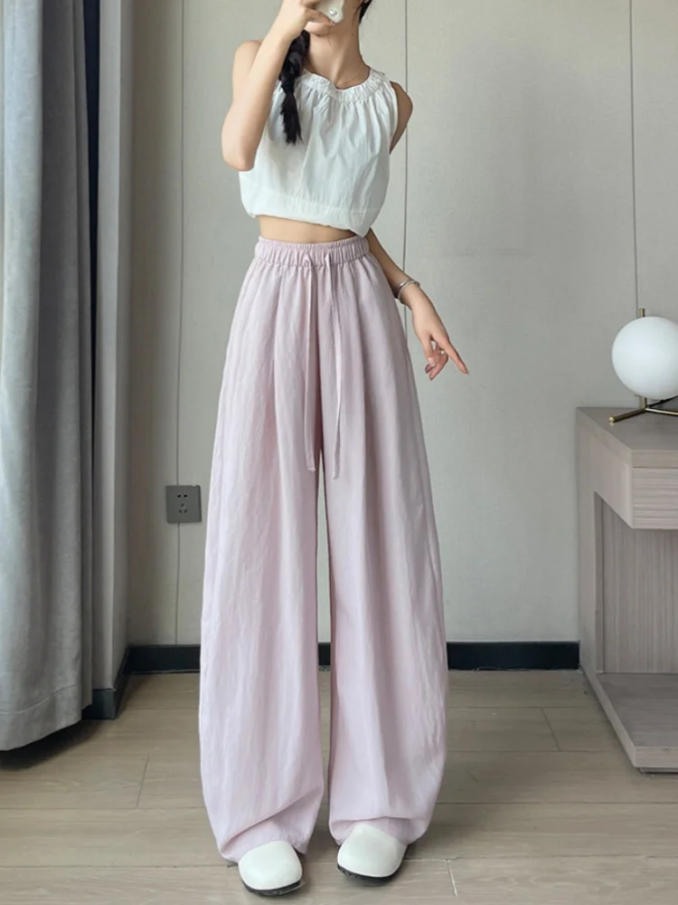 Women's Linen Wide-Leg Trousers Summer Curved-Leg Trousers Relaxed Fit Casual Cotton-Linen Trousers Soft and Breathable
