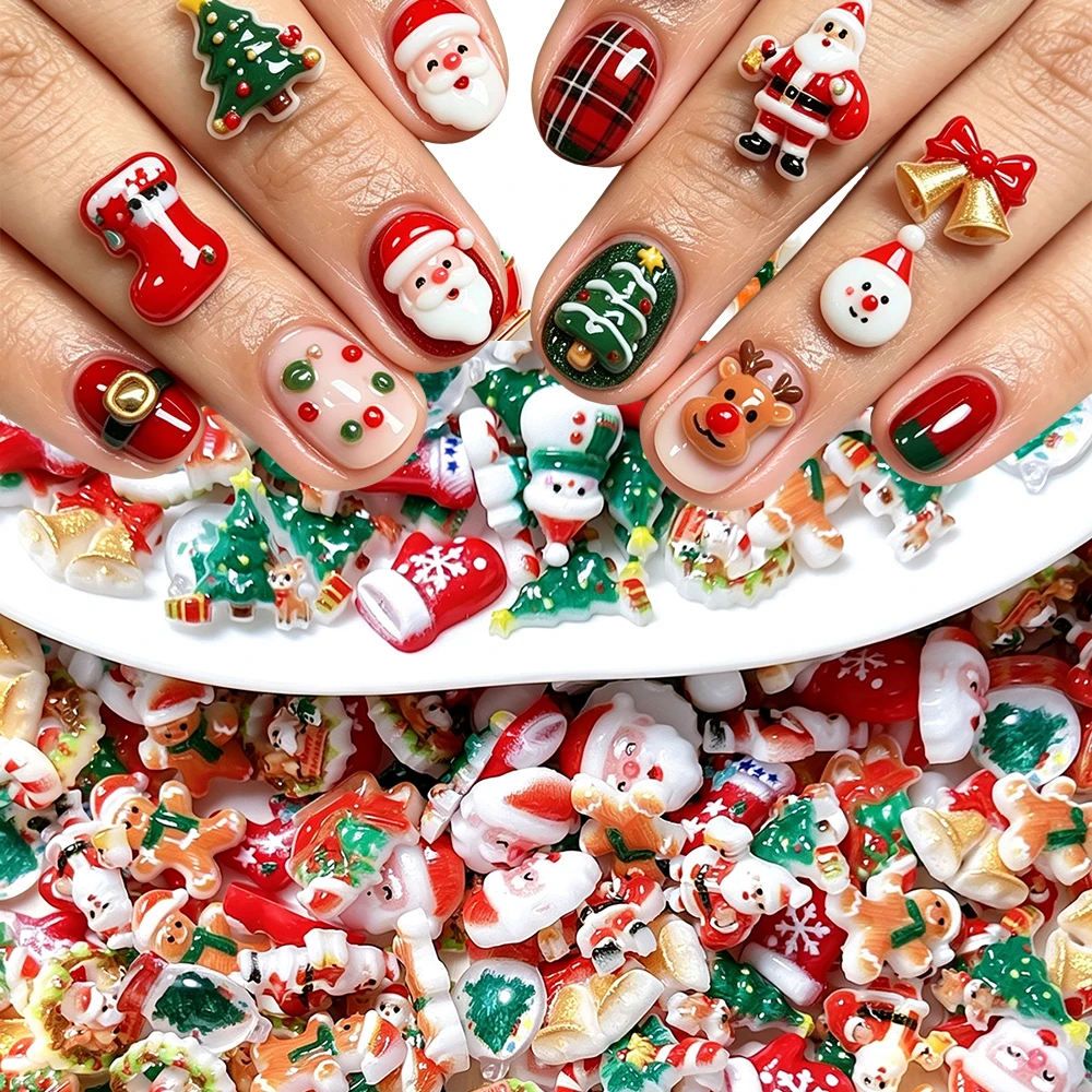 50Pcs Mixed Christmas Nail Decorations Cute 3D Resin Santa Reindeer Sock Tree Nail Charms For DIY Xmas Manicure&Craft Nail Suppl