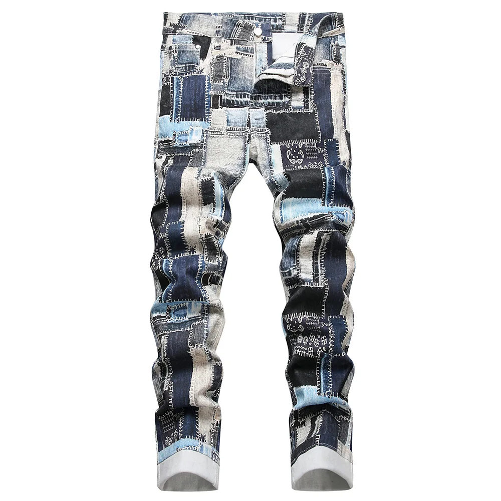 Men Patches Print Stretch Jeans Fashion Colored Painted Denim Pants Slim Straight Trousers