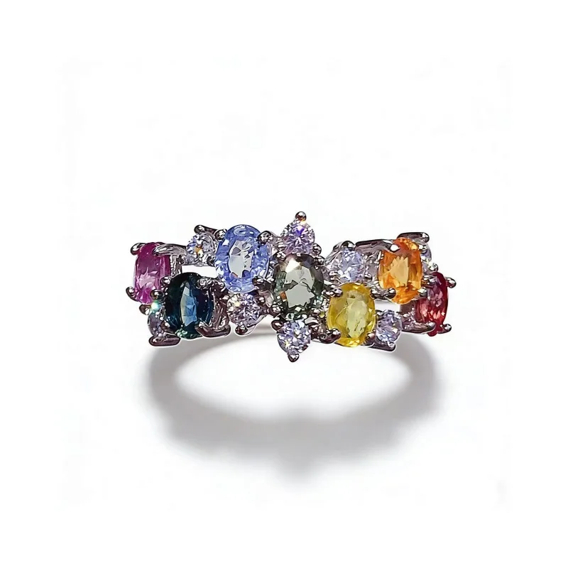 

S925 Sterling Silver Multi-Color Natural Rainbow Sapphire Ring 2.5mm Oval CZ Cluster Women Jewelry Gift