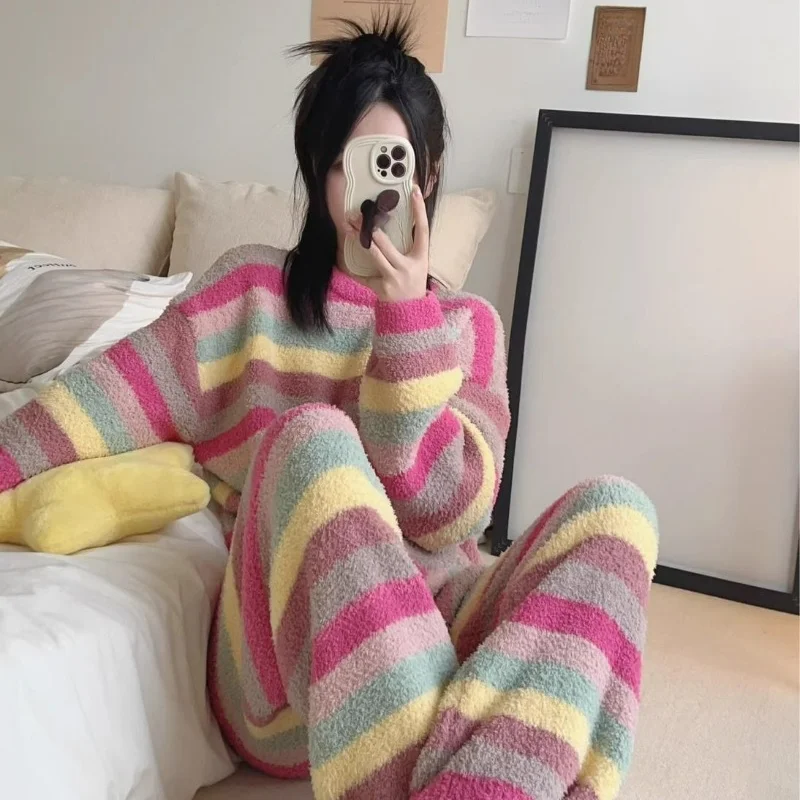 Thickened Rainbow Striped Coral Velvet Pajama for Woman 2024 New Net Red Cute Foreign Style Home Wear Warm Suit Comfortable