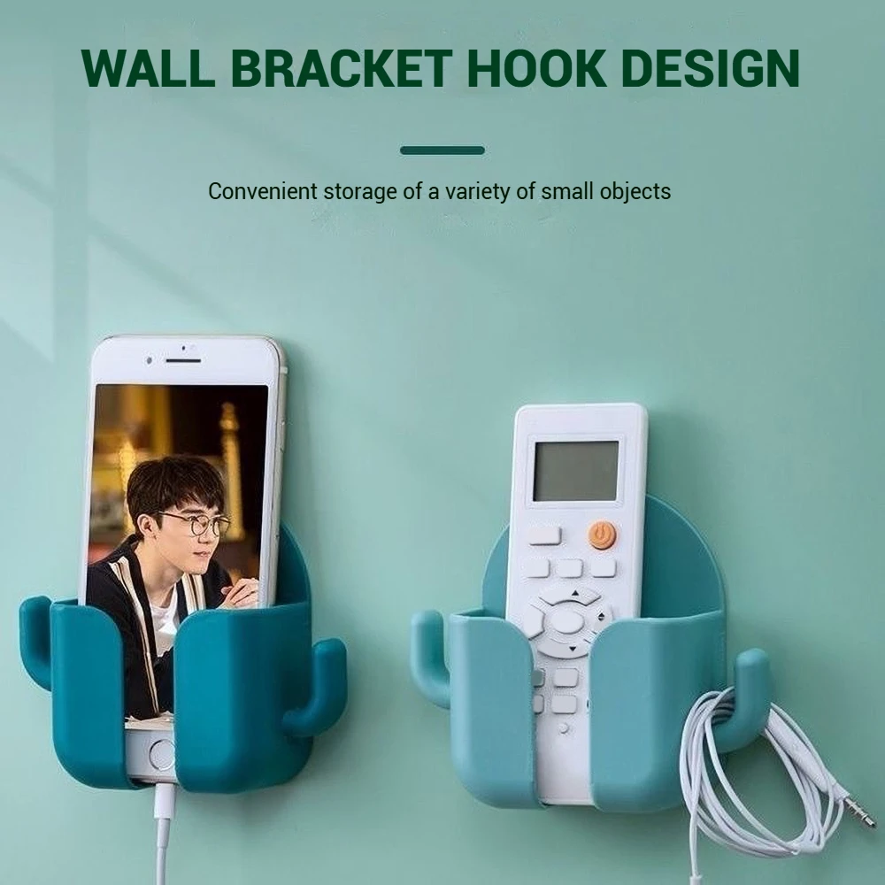 Punch-Free Cactus Remote Control Storage Rack Wall-Mounted Phone Charging Holder AC/TV Remote Organizer Multi-purpose Storage