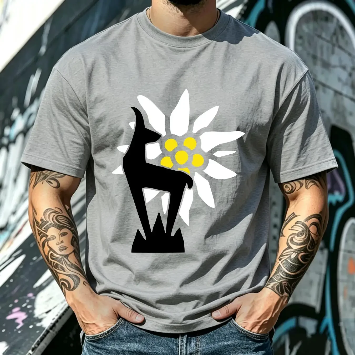 washed T Shirt Mountain Division Hunters Coat of Arms Gams Logo Wh Wk Edelweis 7494 long or short sleeves vintage Washed