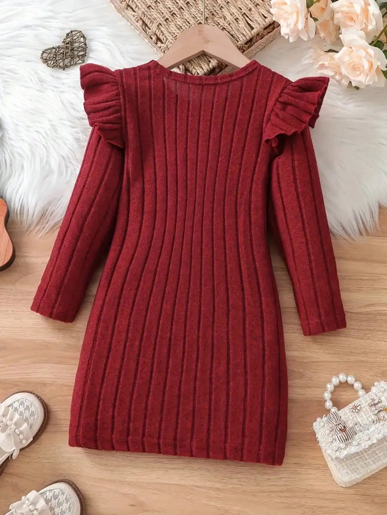 Children's casual and elegant ribbed lotus leaf sleeves, round neck bow, waist cinched long sleeved dress, mid length skirt