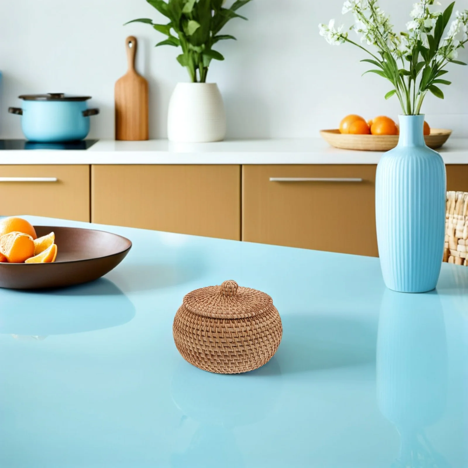 

Round Rattan Basket Box 15*12 Cm Handwoven Wicker Storage Bin With Lid Small Organizer For Desktop Kitchen Shelf