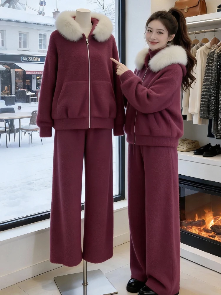 

Laid-ba Sle Hoodie Jaet High Waist Wide Leg Two-piece Set Women Winter Faionable Casual Wear Polyester Fiber Warmth