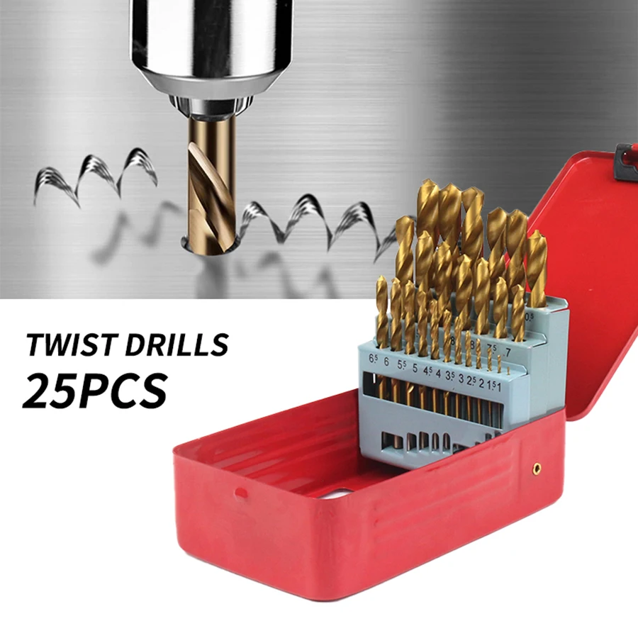 25PCTwist drills，Jobber Length Twist Drill Bit Set for Hard Metal, Stainless Steel, Cast Iron, Wood and Plastic, with Storage Ca