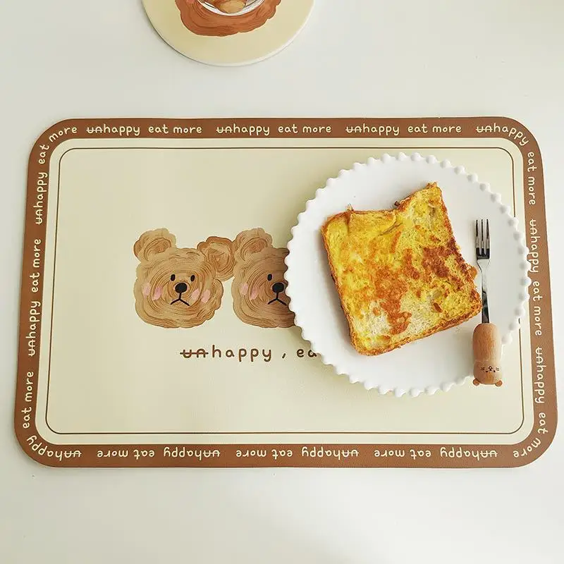 PU Leather Non-slip Placemat Cartoon Bear Food Table Mat Waterproof and Oil-proof Table Mat Insulation Placemats Home Decoration