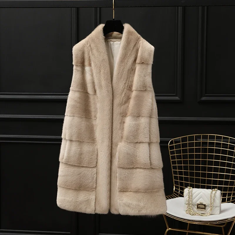 

Tcyeek Natural Mink Fur Vest Women Clothes Mid-long Style Winter Jacket Whole Mink Women's Real Fur Coat V-neck Fourrure Femme