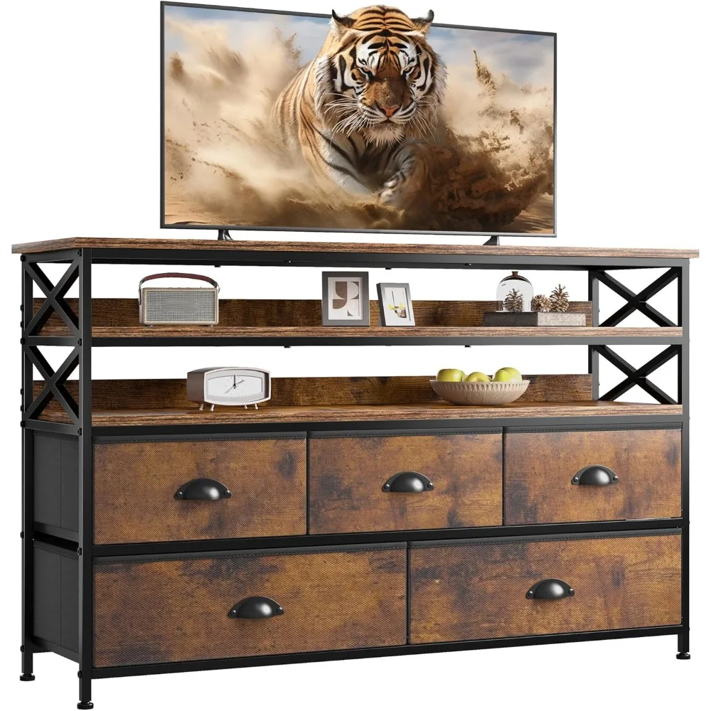 

Dresser TV Stand for 50" TV, Sturdy Dresser for Bedroom with 5 Fabric Drawers and Wood Open Shelves, 11.8" D x 39.4" W x 38.4" H