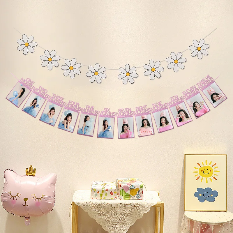 1set  Birthday Photo Frame Hanging Banner 1 To 12 Months Baby Birthday Photo Frame Banner Creative Wall Ornament Party Supplies