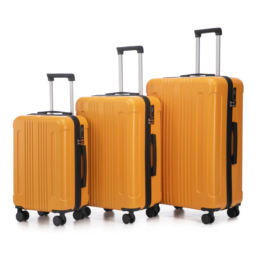 

Carry on suitcase set for travel, ABS material, black+orange color, 3 pcs/set with spinner wheels and TSA combination lock