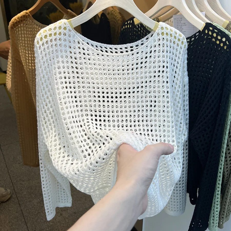 

Women Summer Tops Tees Spring Blouse Cotton Knit Knited Hole Crochet Lace Full Long Sleeve Beach Shirt T Shirts Casual Tees