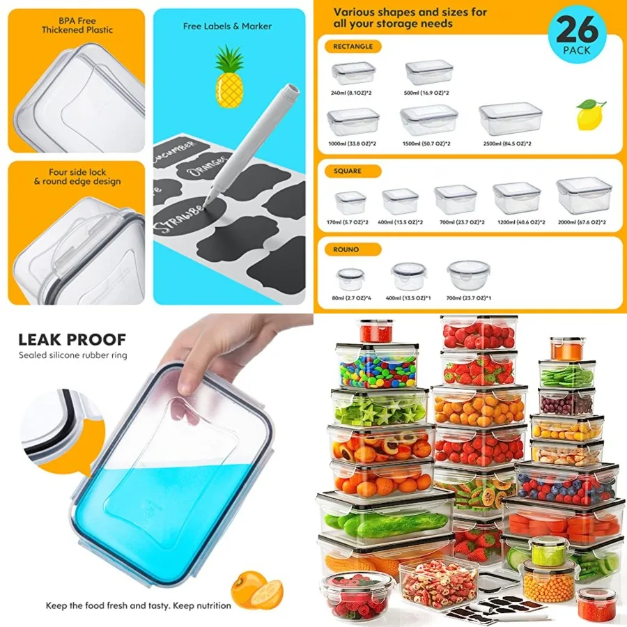 

52 PCS Food Storage Containers Set with Airtight Lids 26 Lids and26 Containers - BPA-Free Plastic Food Container for Kitchen St