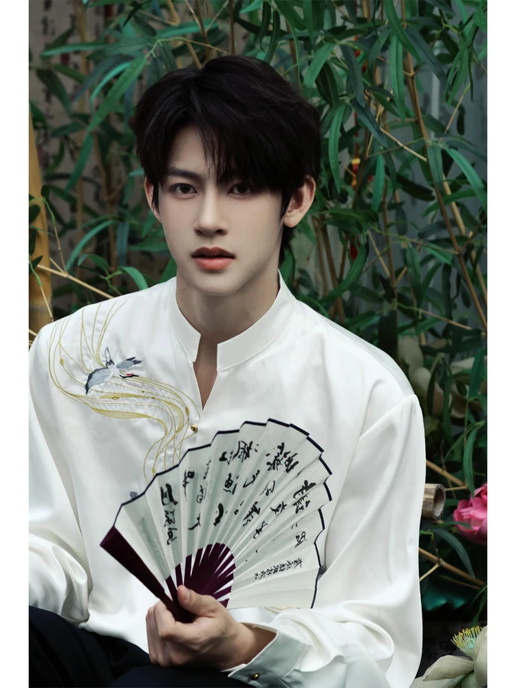 

Мужская длинная рубашка из ледяного шелка с высоким воротником, вышивкой в виде пеликса, повседневная, осенняя, модная, из полиэфирного волокна