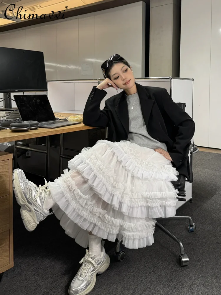 High-End Ruffled Tiered Skirt 2024 Summer Clothes New Fashion White Mesh Mid-length Bubble Skirt Sweet Fairy Dress for Women