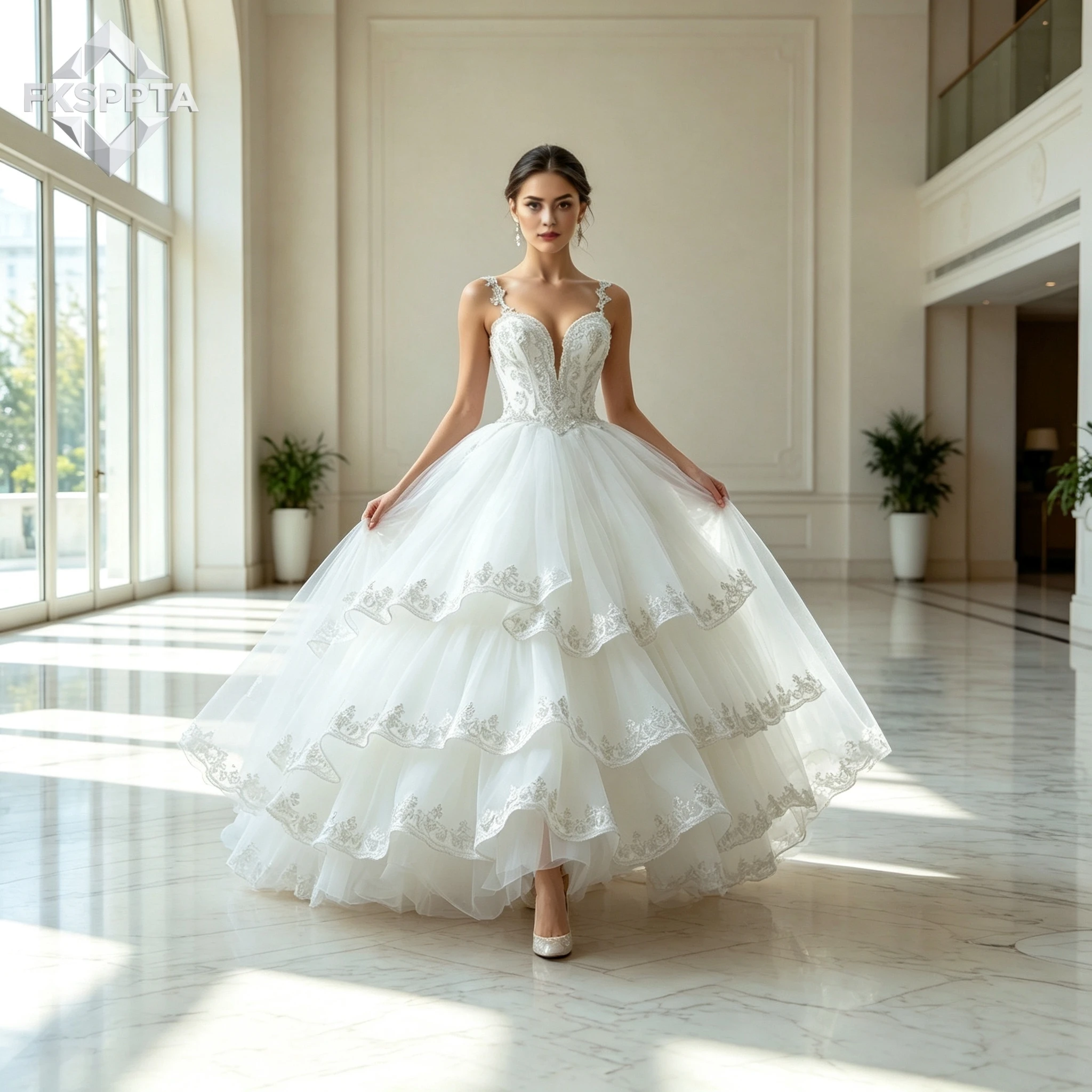 Graceful Tiered Ball Gown Wedding Dress Silver Lace Appliques Spaghetti Straps Corset Back Tulle Plus Size Bridal Gowns