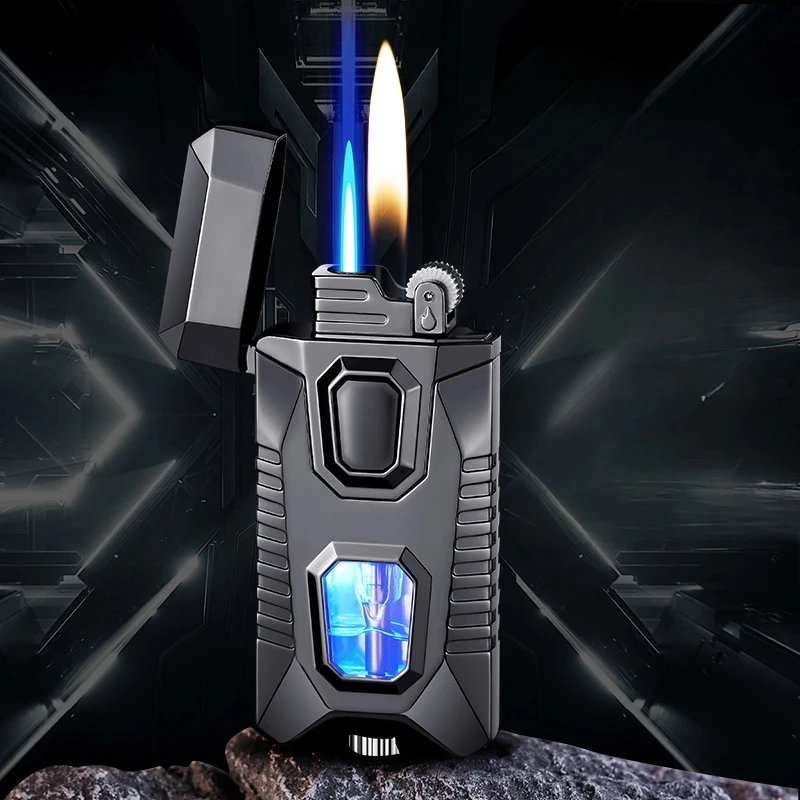 New Metal Windproof Dual Fire Lighters Cigar Lighter Creative Torch Jet Butane Gas Lighter Smoking Accessories Gadgets Men Gift