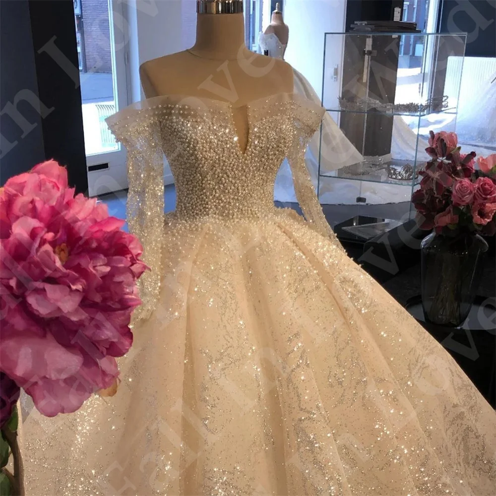 Glitzer Pailletten Luxus Brautkleider lange Ärmel aus der Schulter Ballkleid Perle Tüll A-Linie Brautkleid Vestido de Novia